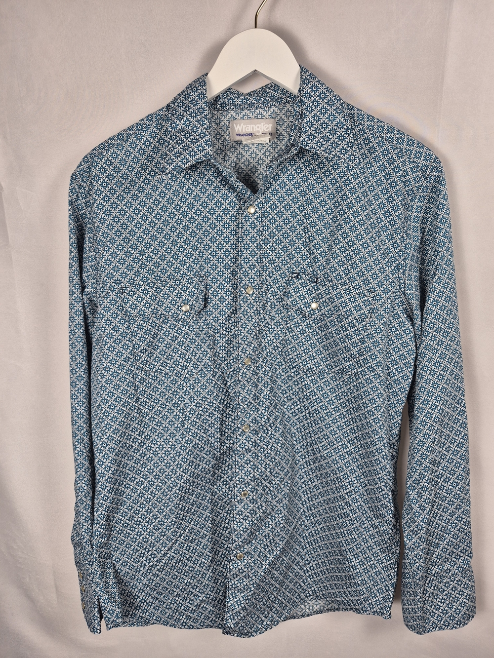 Wrangler Men's Western Blue Geometric Button-Up Shirt Pearl Snaps Size M